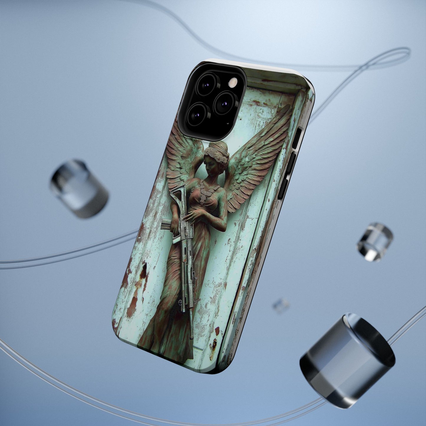 Angel Statue Assault Rifle Tough Phone Case, Magnetic Phone Cover, Wireless Charging Case, Artistic Tough Case, Unique Phone Protector
