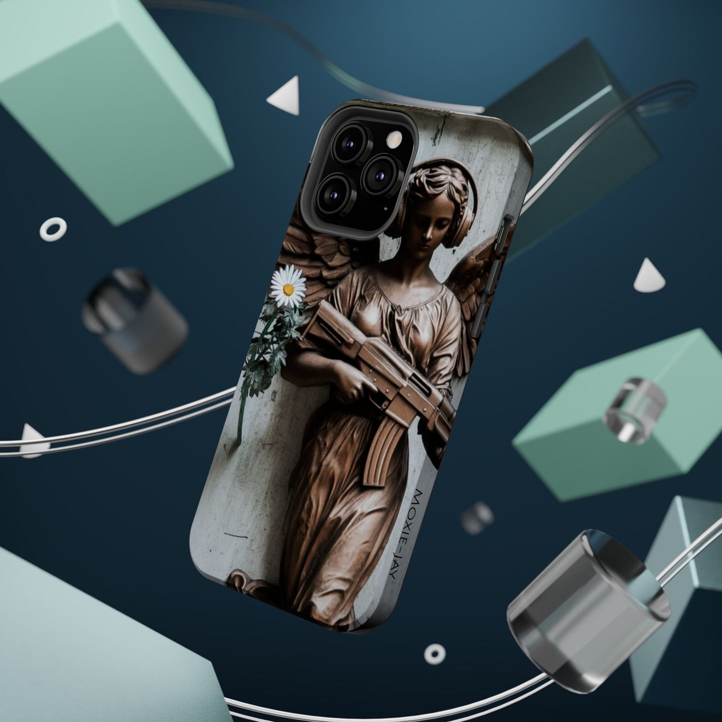 Phone Case - Angel Statue with Assault Rifle and Daisy Flower Design