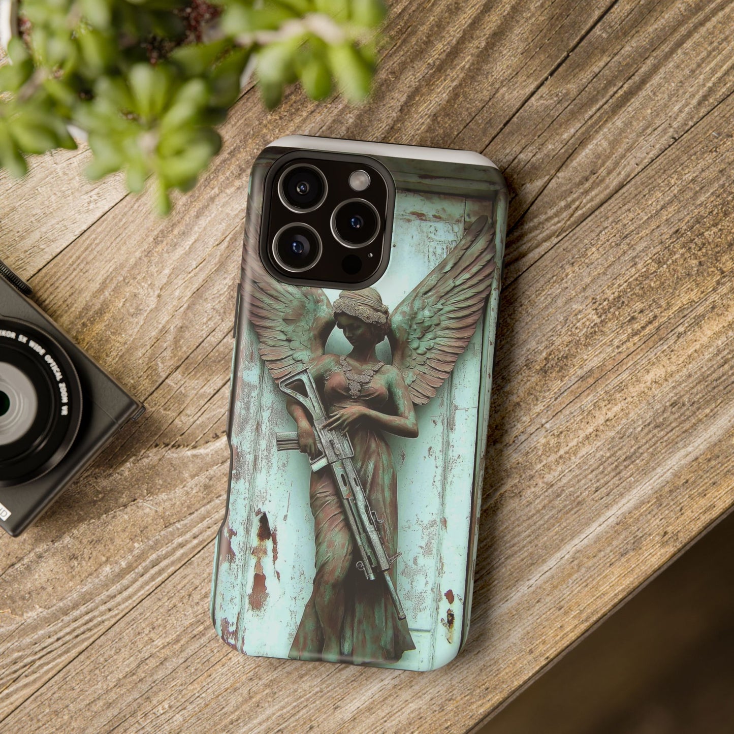 Angel Statue Assault Rifle Tough Phone Case, Magnetic Phone Cover, Wireless Charging Case, Artistic Tough Case, Unique Phone Protector