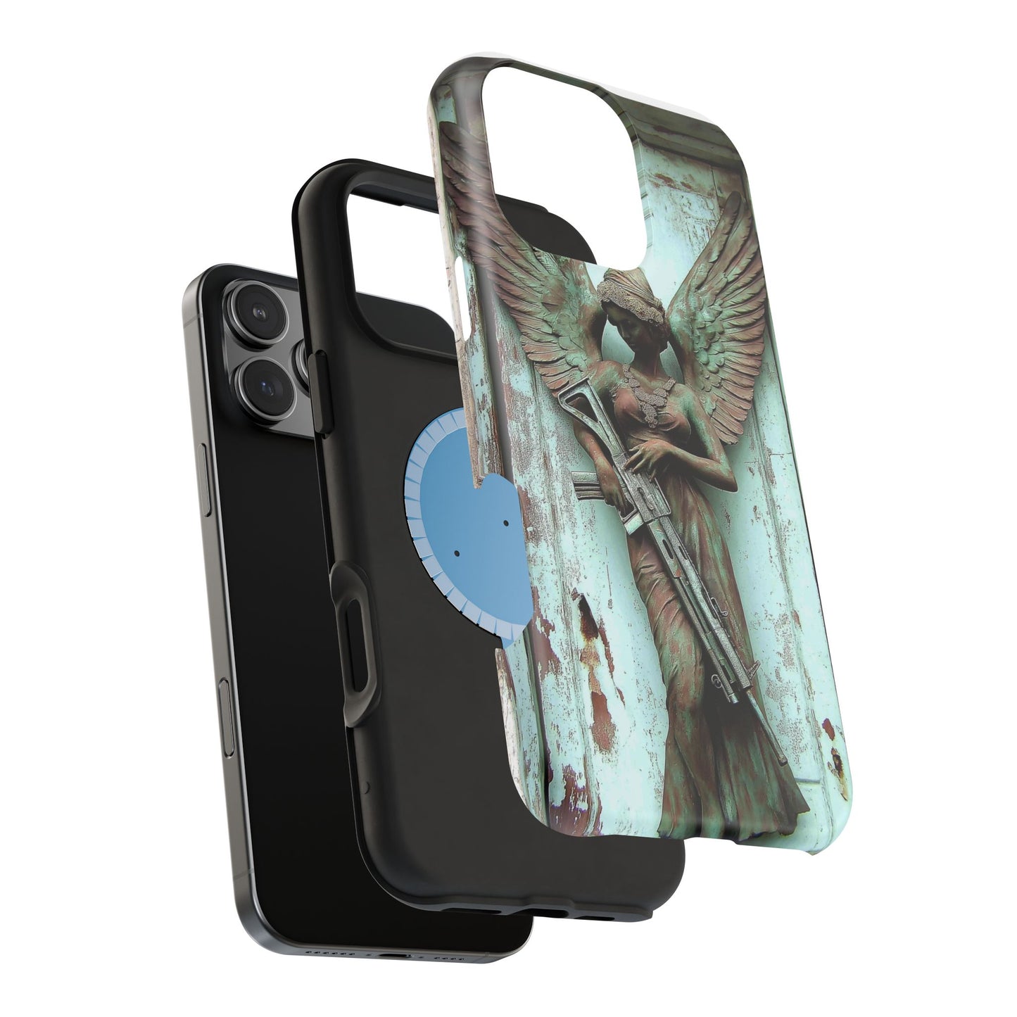 Angel Statue Assault Rifle Tough Phone Case, Magnetic Phone Cover, Wireless Charging Case, Artistic Tough Case, Unique Phone Protector