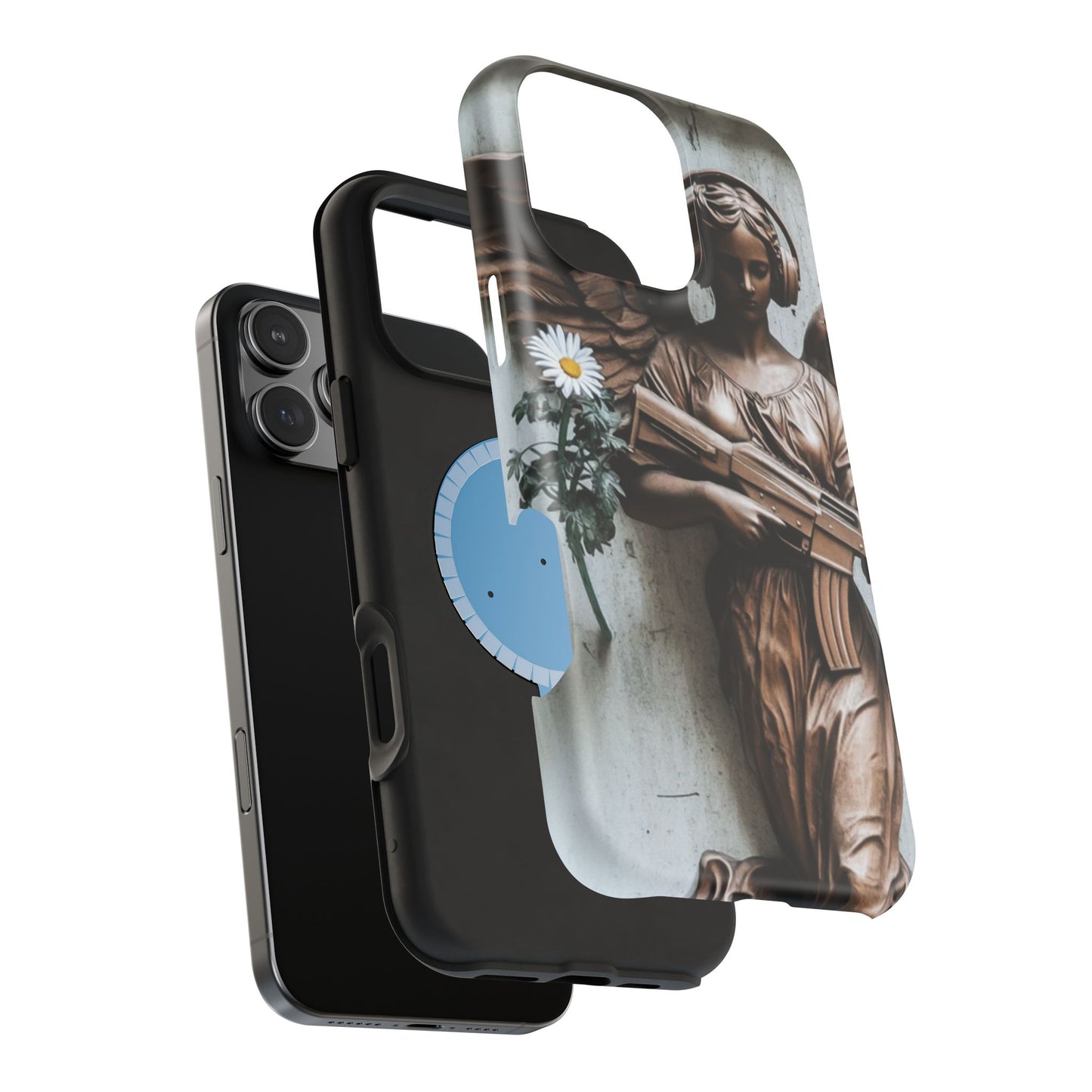 Phone Case - Angel Statue with Assault Rifle and Daisy Flower Design