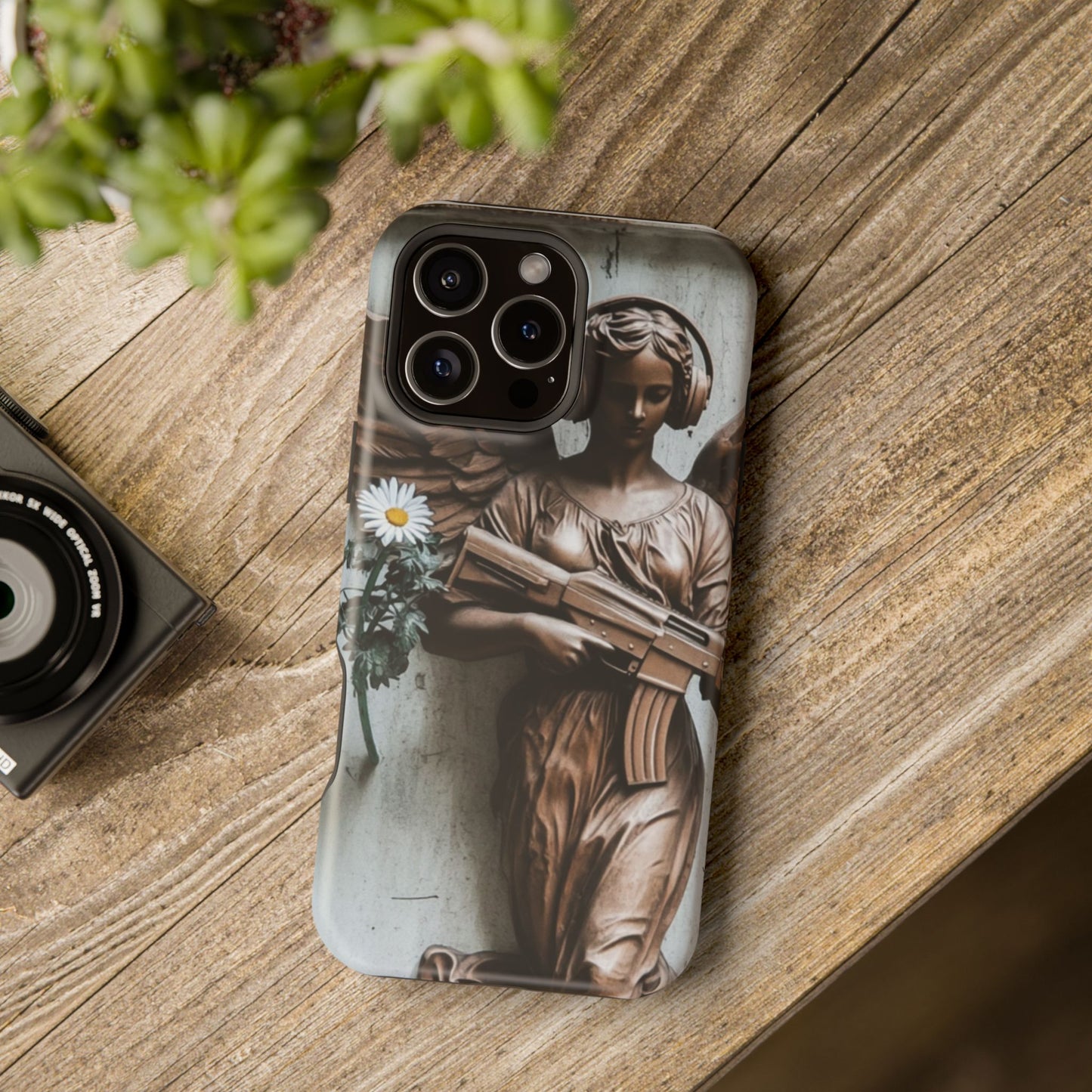 Phone Case - Angel Statue with Assault Rifle and Daisy Flower Design