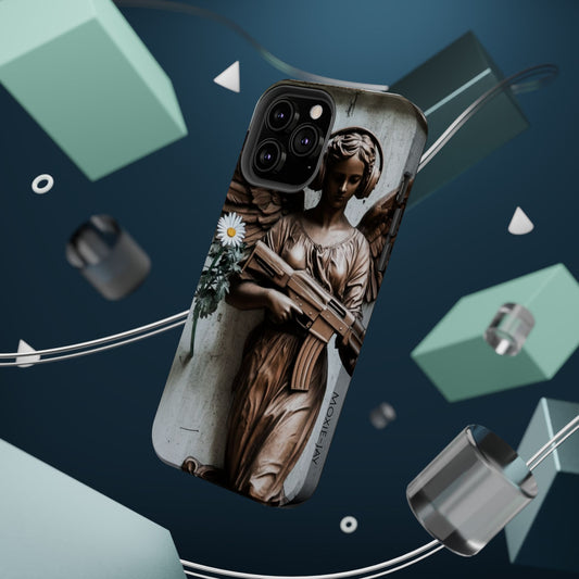 Phone Case - Angel Statue with Assault Rifle and Daisy Flower Design