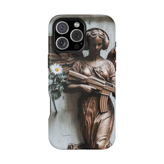 Phone Case - Angel Statue with Assault Rifle and Daisy Flower Design