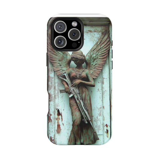 Angel Statue Assault Rifle Tough Phone Case, Magnetic Phone Cover, Wireless Charging Case, Artistic Tough Case, Unique Phone Protector